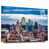 Acrylic print of Kansas City skyline in muted blue and gray tones, suitable for bedroom or dining room decor.