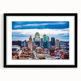 Extra large abstract art print of Kansas City skyline with vibrant, colorful textures on a black framed canvas.