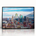 Large abstract wall art depicting the Kansas City skyline in black and white tones on a framed acrylic print.