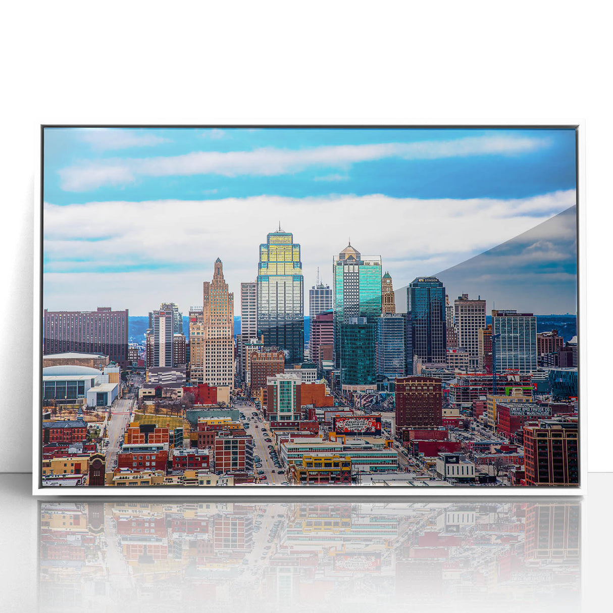 Art Deco poster of Kansas City skyline in muted gray and blue tones on a framed acrylic, ideal for modern art wall decor.
