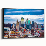 Black and white framed canvas of Kansas City skyline, vintage poster style, ideal for bedroom wall art.