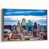 Framed canvas wall art of Kansas City landscape in vintage poster style, with gold and black color tones.