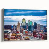 Landscape art painting of Kansas City skyline in colorful hues on a framed canvas, ideal for office wall decor.