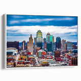 Vintage poster art of Kansas City skyline in colorful hues on a large framed canvas, ideal for living room decor.