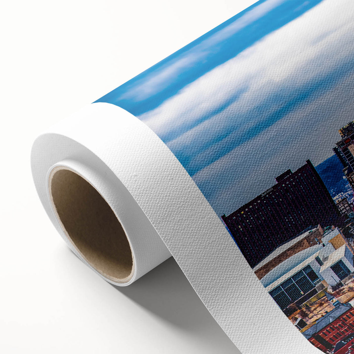 Art deco poster of Kansas City skyline in pastel shades on rolled canvas, suitable for nursery wall art or dining room decor.