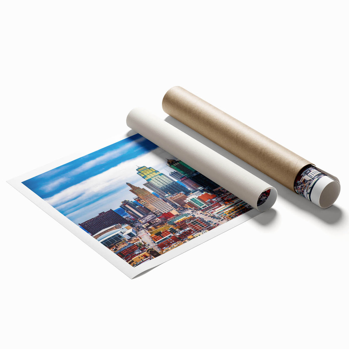 Rolled print of Kansas City skyline with muted blue and gray tones, suitable for classy bathroom wall art.