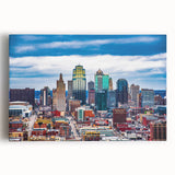 Black and white photo of Kansas City skyline on large stretched canvas, suitable for kitchen wall art.