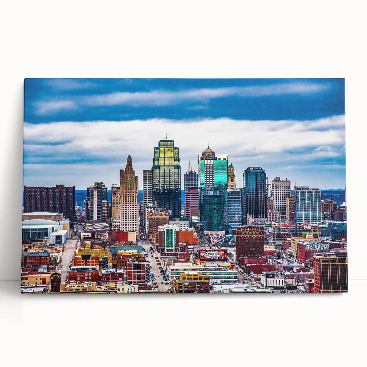 Black and white stretched canvas of Kansas City skyline, ideal for kitchen wall art or bedroom ambiance.