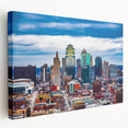 Kansas City skyline depicted in muted blue and gray tones on a large stretched canvas, suitable for kitchen wall art.