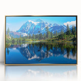 Acrylic print of Glacier National Park with a golden frame, featuring mid-century modernist style.