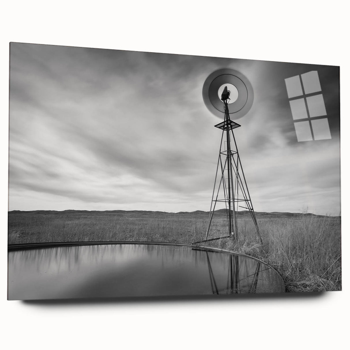 Large abstract wall art depicting a serene Nebraska landscape in muted earth tones on acrylic glass.
