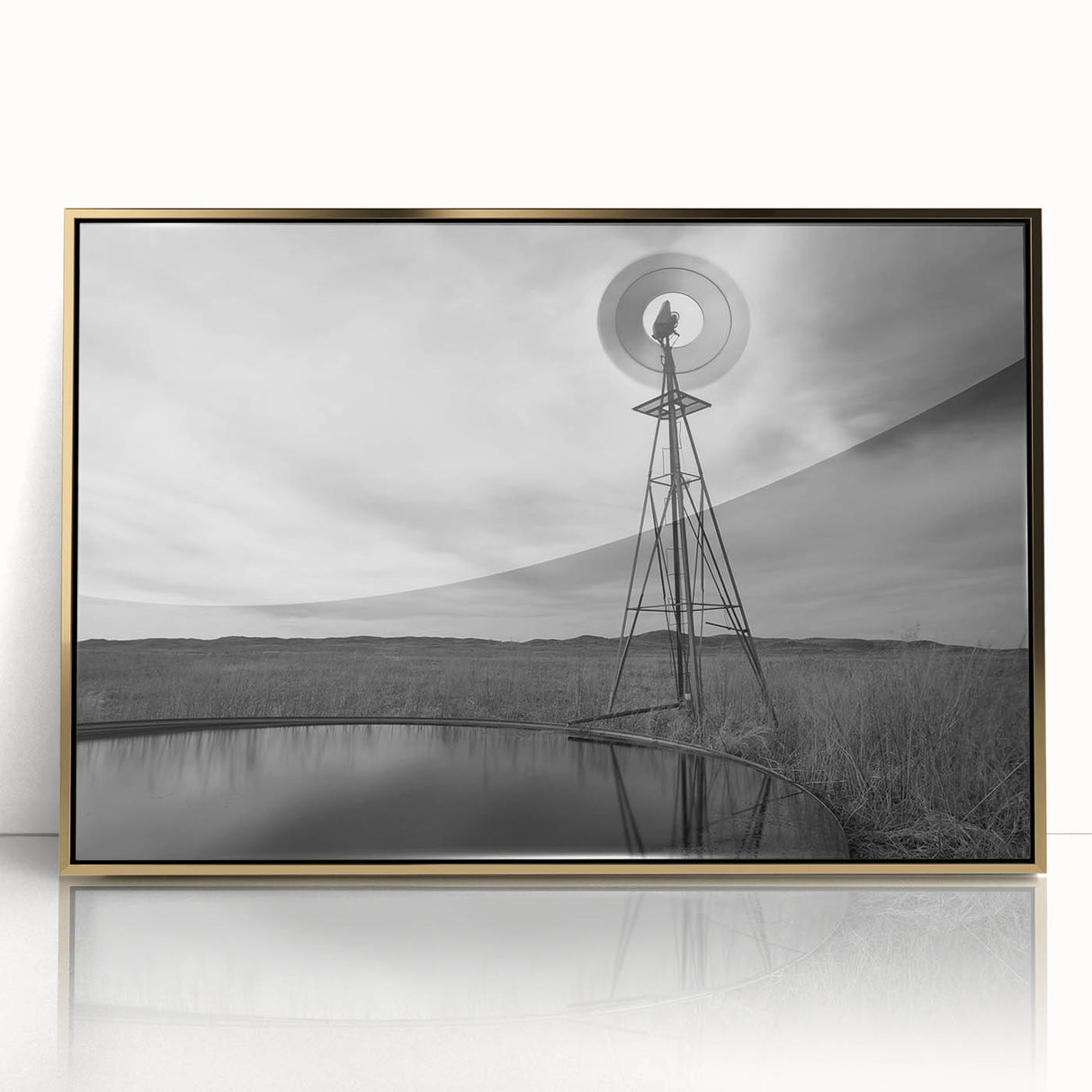Large art print of a Nebraska landscape in muted earth tones, framed in acrylic with a mid-century modernist style.