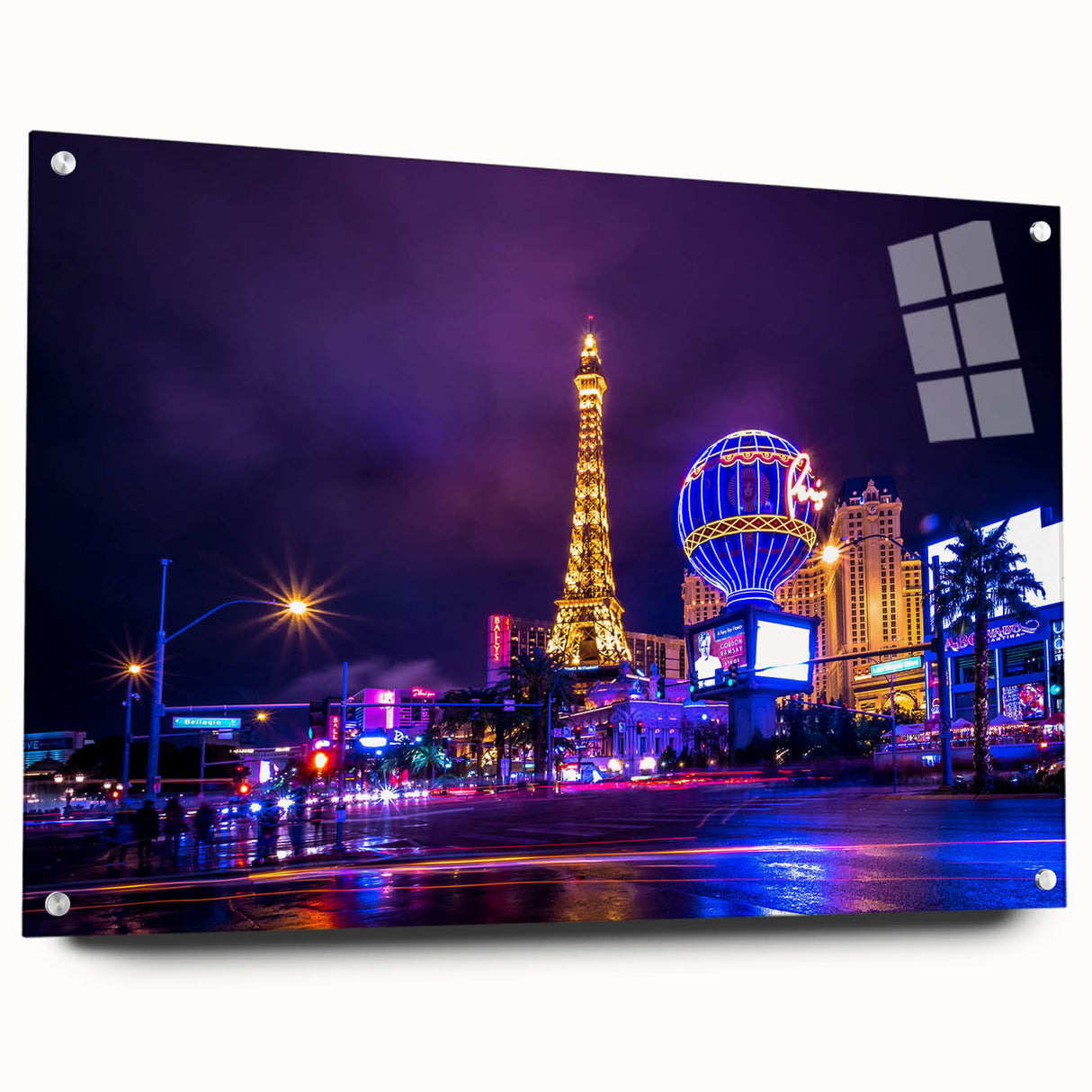 Acrylic print of Las Vegas skyline in muted night-time colors, ideal for modern bedroom or dining room decor.
