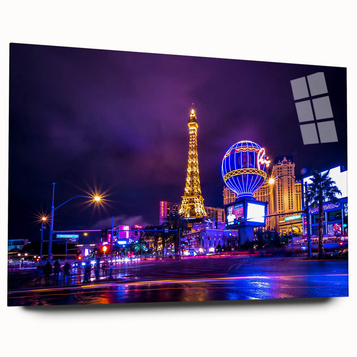 Acrylic print of Las Vegas scenery in vibrant twilight hues, ideal for bedroom or dining room art.