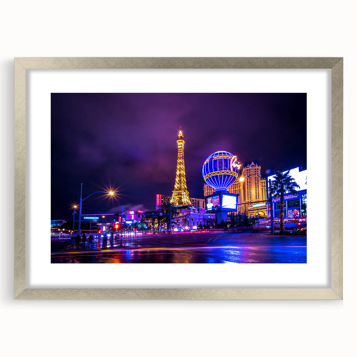 Textured abstract art print of Las Vegas skyline in silver frame, ideal for bedroom wall decor.