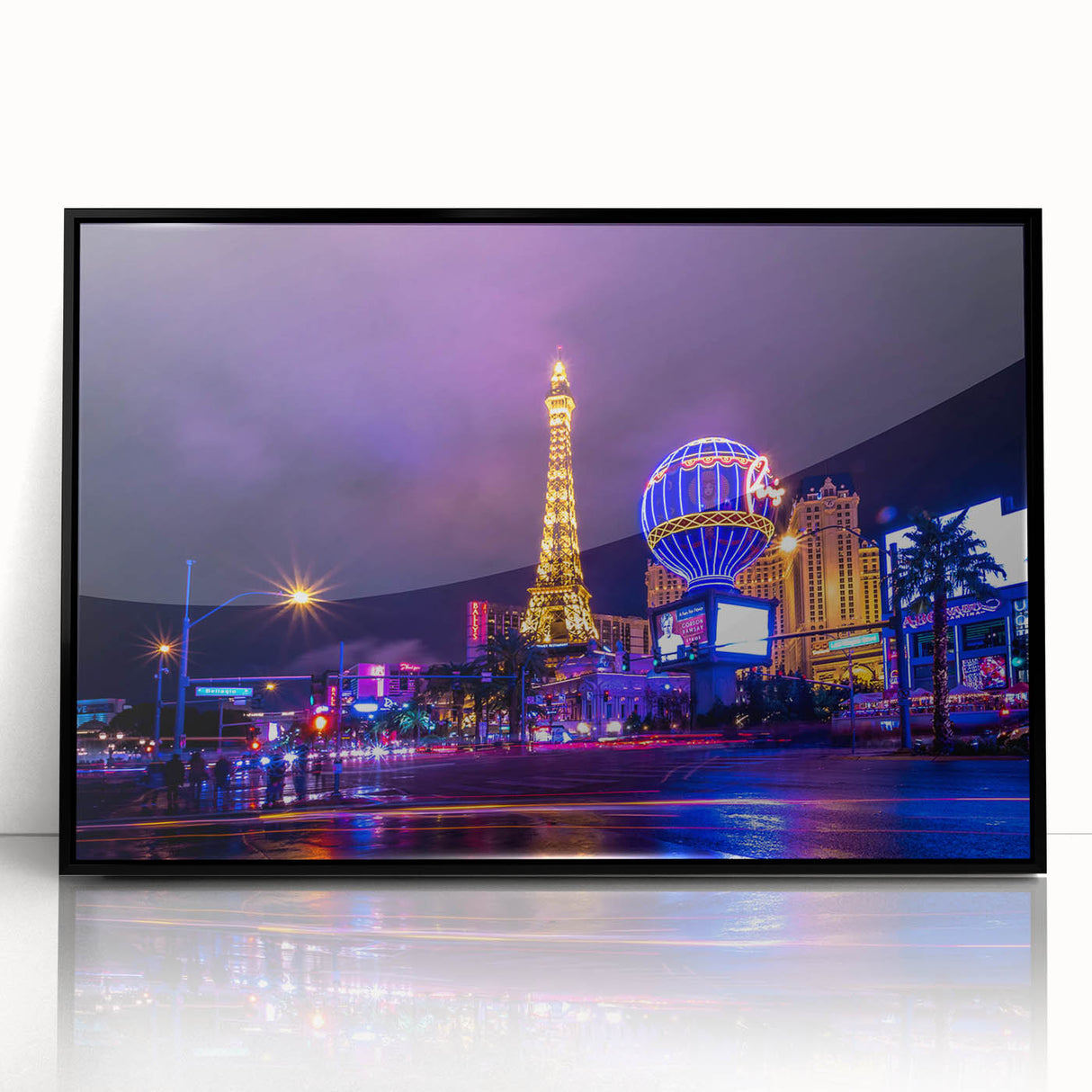 Large abstract wall art of Las Vegas skyline in black and gray tones on framed acrylic.
