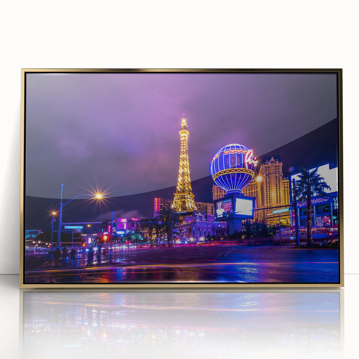 Acrylic print of Las Vegas skyline with gold frame, in mid-century modernist style, suited for modern art wall decor.