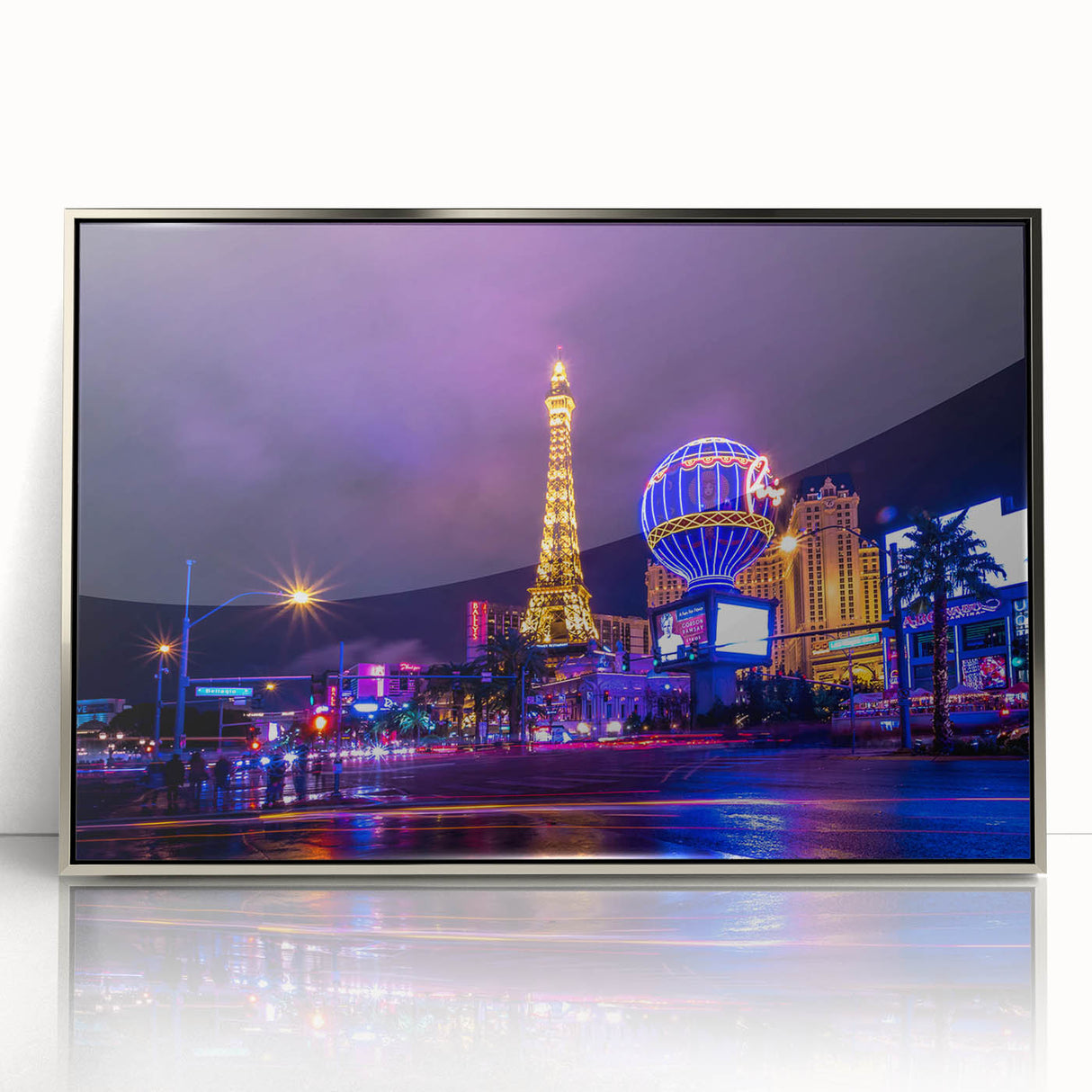 Mid-century modernist art depicting the Las Vegas skyline in silver and gray tones on a framed acrylic print.