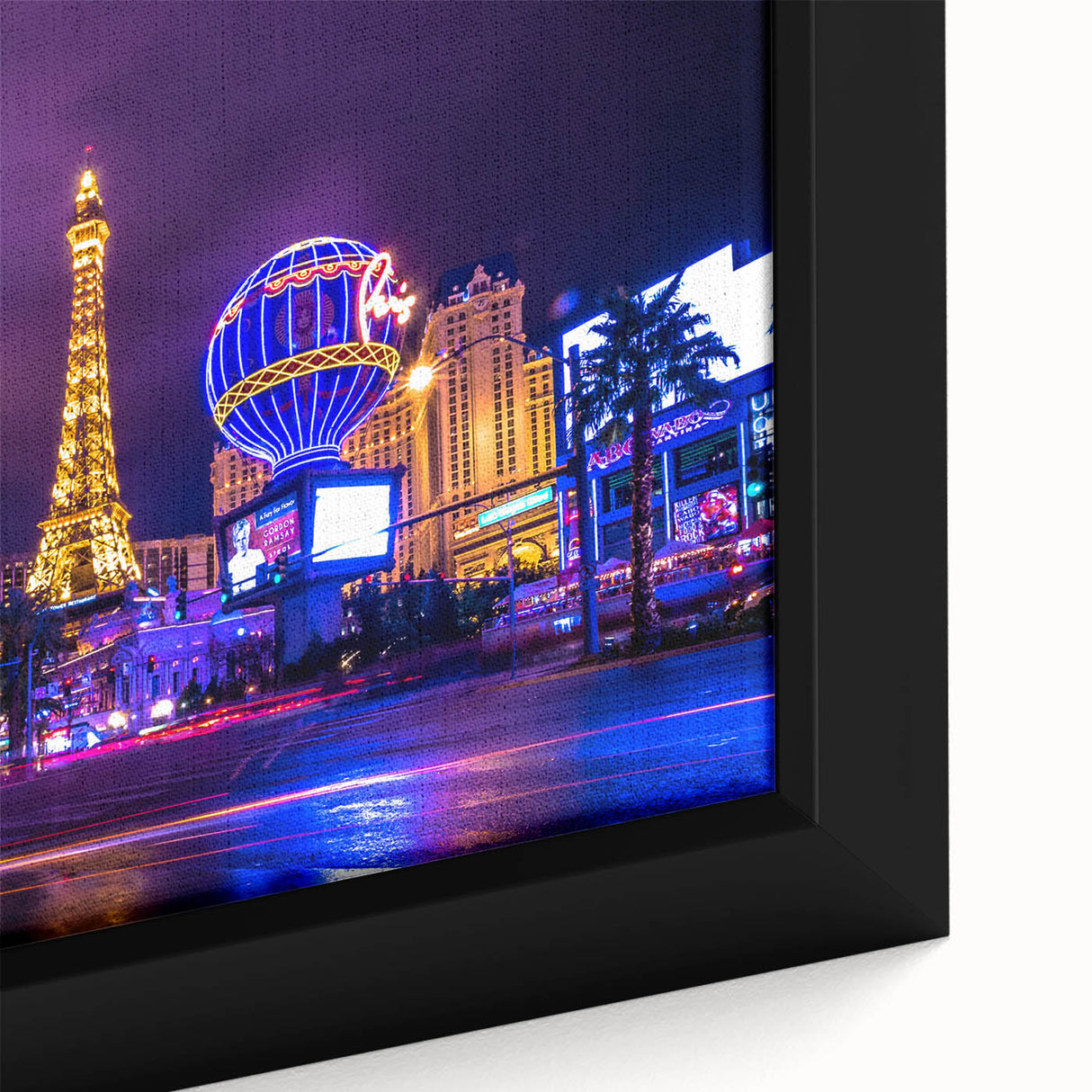 Black wall art featuring a textured Las Vegas skyline in vibrant colors on a framed canvas, ideal for living room decor.