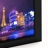 Black wall art featuring a textured Las Vegas skyline in vibrant colors on a framed canvas, ideal for living room decor.