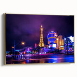 Framed canvas of vintage Las Vegas landscape in black and gold tones, ideal for bedroom wall art.