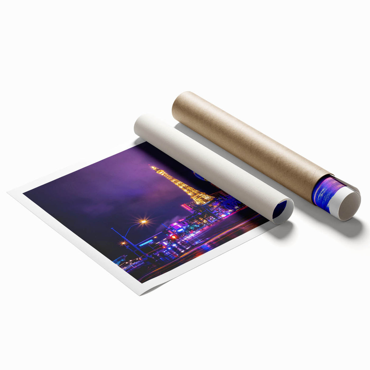Extra large rolled print of Las Vegas scenery with vivid neon colors, ideal for classy bathroom wall art.