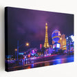 Las Vegas skyline depicted in vibrant twilight hues on a large stretched canvas, ideal for kitchen wall art.