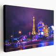 Las Vegas skyline depicted in vibrant twilight hues on a large stretched canvas, ideal for kitchen wall art.