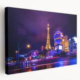 Las Vegas skyline depicted in vibrant twilight hues on a large stretched canvas, ideal for kitchen wall art.