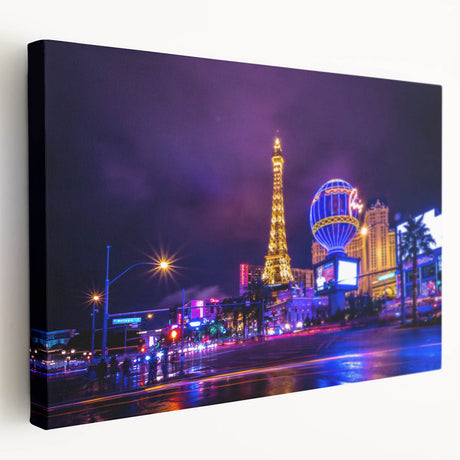 Las Vegas skyline depicted in vibrant twilight hues on a large stretched canvas, ideal for kitchen wall art.