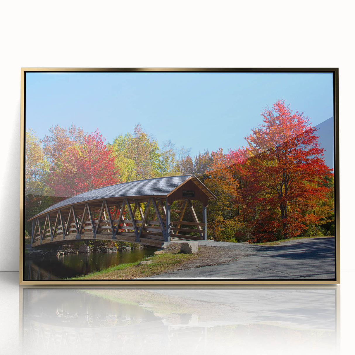 Mid-century modernist landscape of New Hampshire in muted earth tones on a framed acrylic.