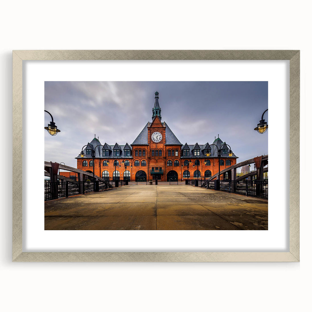 Textured art print of abstract New Jersey scenery in muted earth tones on a framed silver mat, ideal for bedroom wall decor.