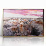 Large art print of a New Mexico landscape in mid-century modernist style on a framed acrylic, featuring earthy tones.