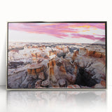 Mid-century modernist art depicting New Mexico scenery in muted earth tones on a framed acrylic print.