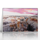 Art Deco poster featuring New Mexico scenery in muted earth tones on a white framed acrylic.