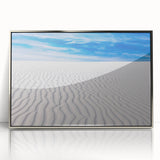 Mid-century modernist art depicting the White Sands of New Mexico in muted earth tones on a framed acrylic print.