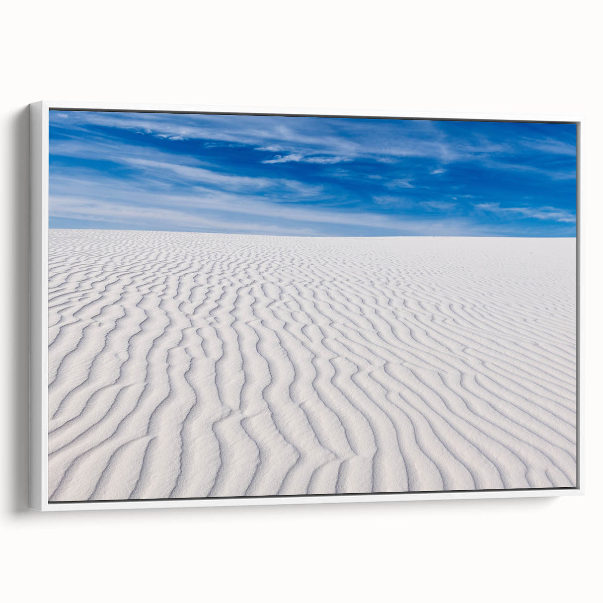 Vintage poster art of New Mexico's White Sands on a large framed canvas, featuring muted earth tones.