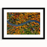 Abstract art print of Blue Ridge scenery in vibrant blue and green tones on a large framed canvas.