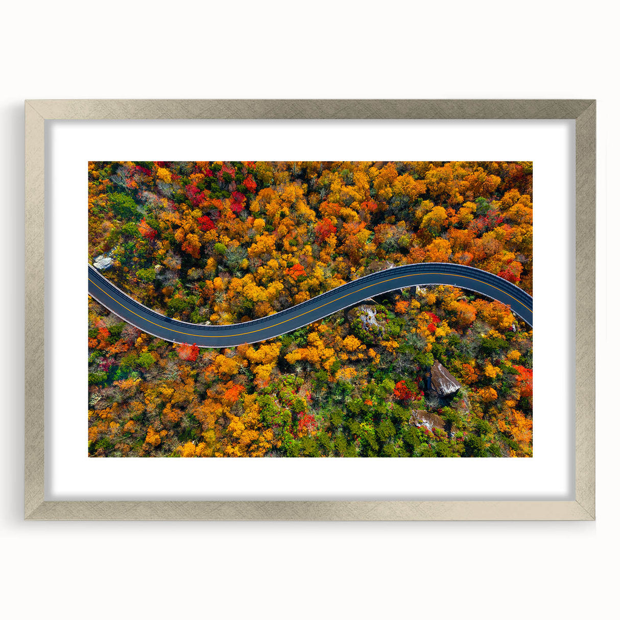 Textured art of Blue Ridge mountains in muted blue and green, framed in silver, ideal for bedroom art.