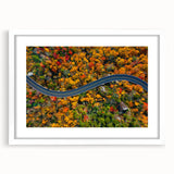 Abstract art print of Blue Ridge Mountains in muted blue and green tones on a framed white matte canvas.