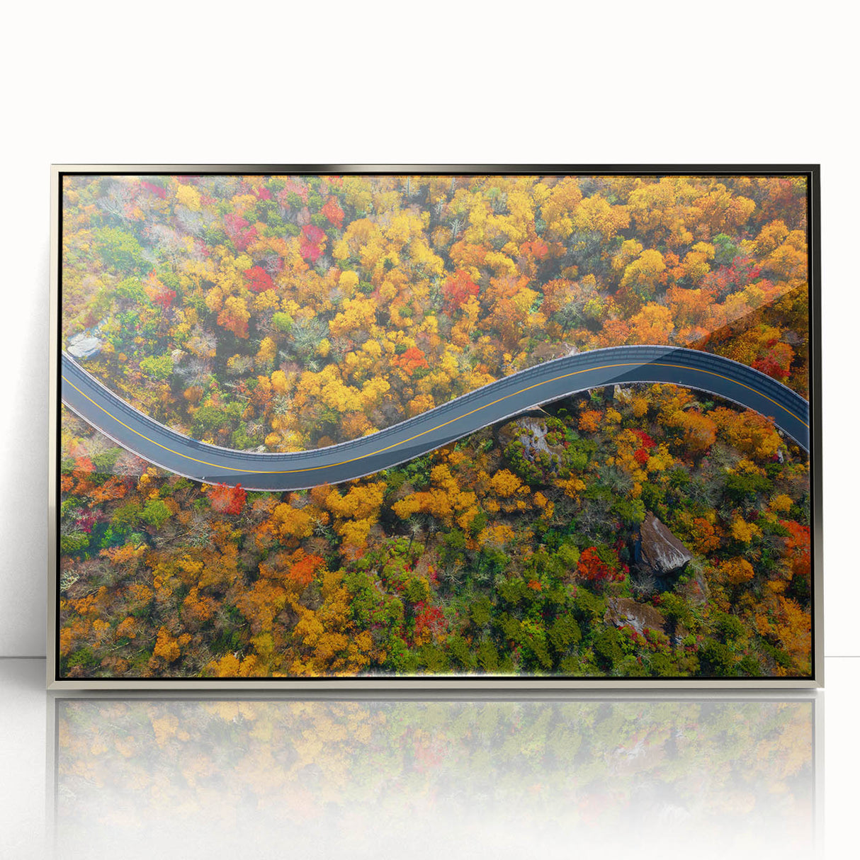 Mid-century modernist art depicting the Blue Ridge Mountains in muted earth tones on a framed acrylic print.