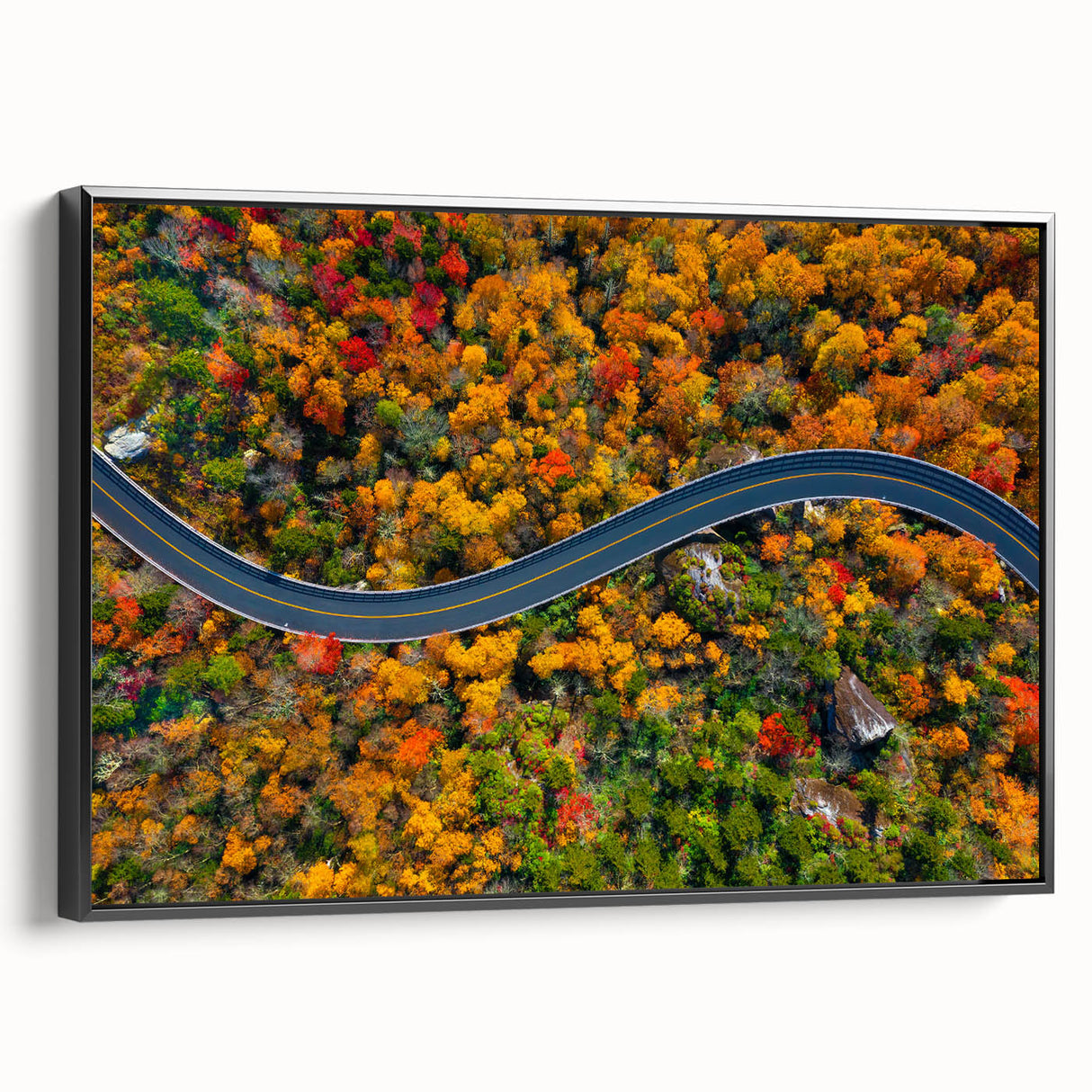 Black and white landscape art painting of Blue Ridge, North Carolina on framed canvas, ideal for bedroom wall decor.