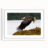 Abstract art print of Charlotte skyline in muted blue tones on a framed white mat, ideal for dining room decor.