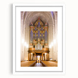 Abstract art print of Durham, North Carolina in muted earth tones on a framed white mat, suitable for dining room decor.