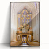 Mid-century modernist art depicting Durham, North Carolina skyline in muted gray tones on a silver-framed acrylic.