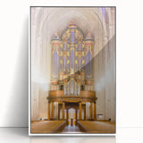 Art Deco poster of Durham, North Carolina skyline in muted gray and blue tones on framed acrylic.