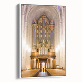 Vintage poster art of Durham, North Carolina skyline in vibrant colors on a large framed canvas, ideal for living room decor.