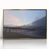 Mid-century modernist large art print of the Outer Banks, featuring muted blue and gold tones on a framed acrylic.