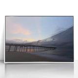 Art deco poster depicting the Outer Banks, North Carolina in muted pastel shades on white framed acrylic.