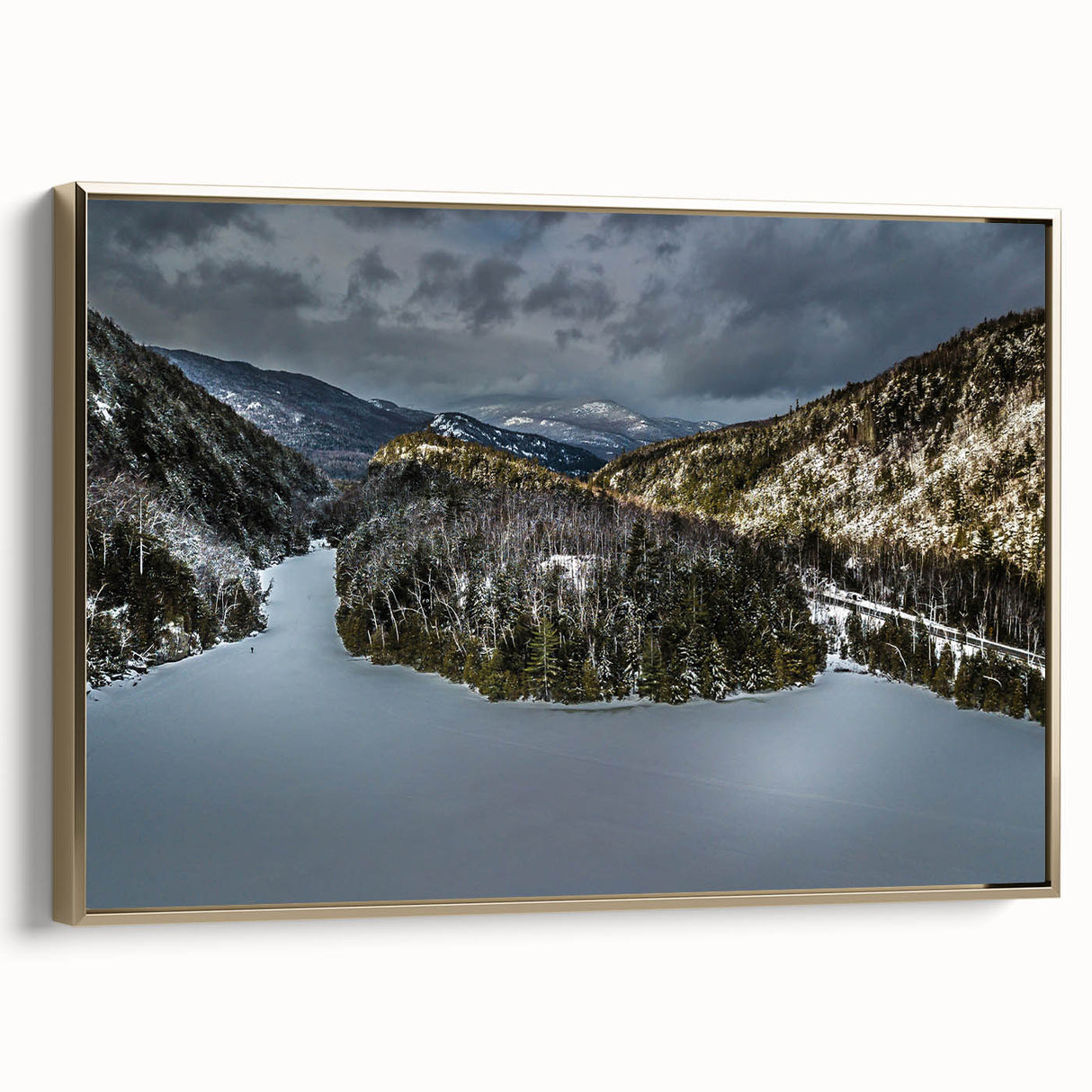 Framed canvas of vintage-style Adirondacks landscape in muted gold and black tones, suitable for bedroom wall art.